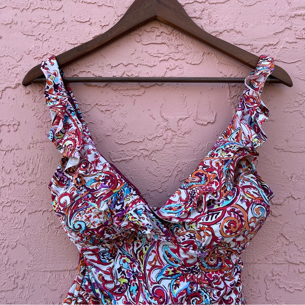 Ralph Lauren One Piece Swimsuit Ruffle Paisley Ruched Slimming Womens Si…